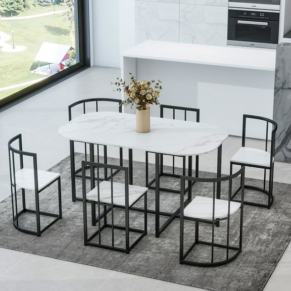 Bellemave 7-Piece Dining Table Set with Faux Marble, Modern 55 Inch Kitchen Table Set for 6 with 2 Middle Chairs and 4 Triangular Chairs, Industrial Table and Chairs with Metal Frame (Black+White）