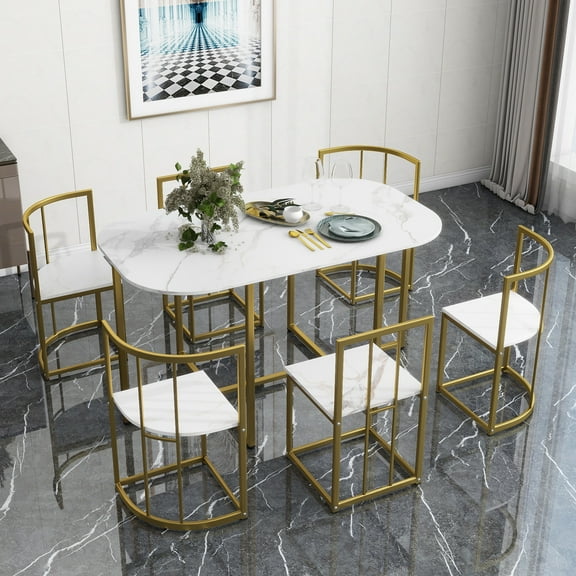 Bellemave 7 Piece Modern Faux Marble Dining Table Set, Golden/White