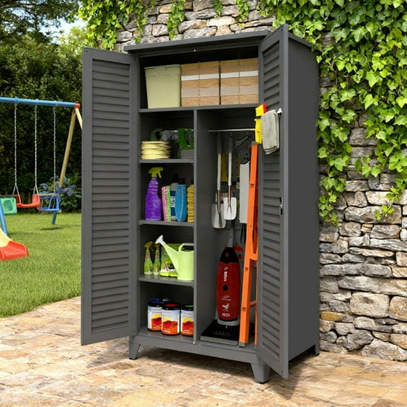 Bellemave 73" Outdoor Storage Cabinet, Garden Tool Storage Shed with Adjustable Shelves, Heavy-Duty Metal Outside Vertical Shed with Hanging Rod, Tall Cabinet for Patio Garden, Garage, Porch, Slate
