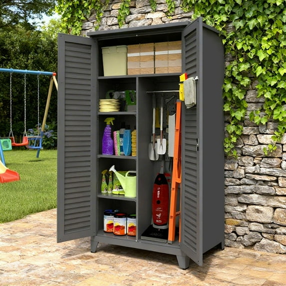 Bellemave 73" Outdoor Storage Cabinet, Garden Tool Storage Shed with Adjustable Shelves, Heavy-Duty Metal Outside Vertical Shed with Hanging Rod, Tall Cabinet for Patio Garden, Garage, Porch, Slate