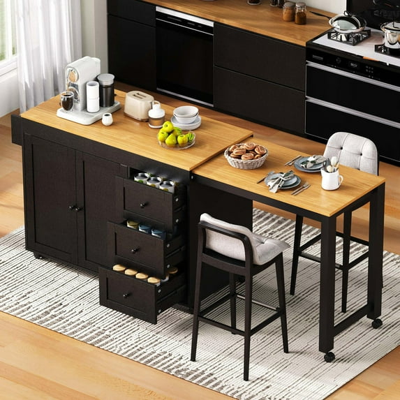 Bellemave 75"-49" Kitchen Islands with Extendable Dining Table, Mobile Kitchen Storage Islands with Power Outlet, Rolling Kitchen Cart with 3 Drawers, Cabinet & Spice Rack (Black)
