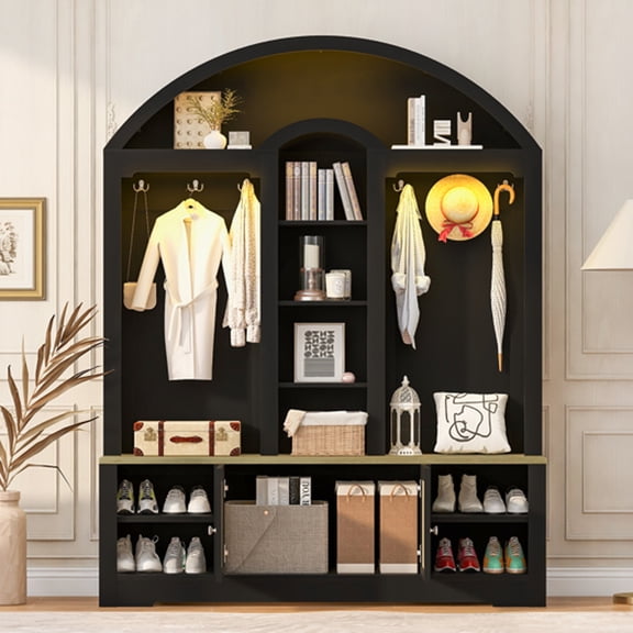 Bellemave 77" Arched Hall Tree with Bench and Shoe Storage, Farmhouse Entryway Bench with Coat Racks, LED Lights, Shelves and Cabinet for Hallway, Mudroom (Black)