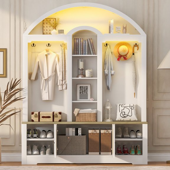 Bellemave 77" Arched Hall Tree with Bench and Shoe Storage, Farmhouse Entryway Bench with Coat Racks, LED Lights, Shelves and Cabinet for Hallway, Mudroom (White)