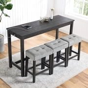 Bellemave Bar Table Set with Power Outlet, 4-Piece Kitchen Dining Table with 3 Upholstered Stools, 3-Person Counter Height Rectangle Dining Furniture Set (Black