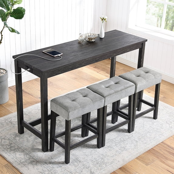 Bellemave Bar Table Set with Power Outlet, 4-Piece Black Counter Height Dining Furniture for 3 People