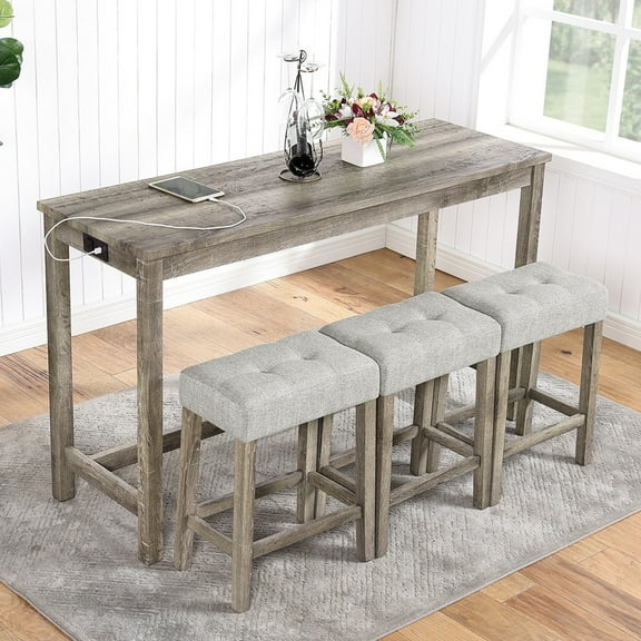 Bellemave Bar Table Set with Power Outlet, 4-Piece Kitchen Dining Table with 3 Upholstered Stools, 3-Person Counter Height Rectangle Dining Furniture Set (Brown)