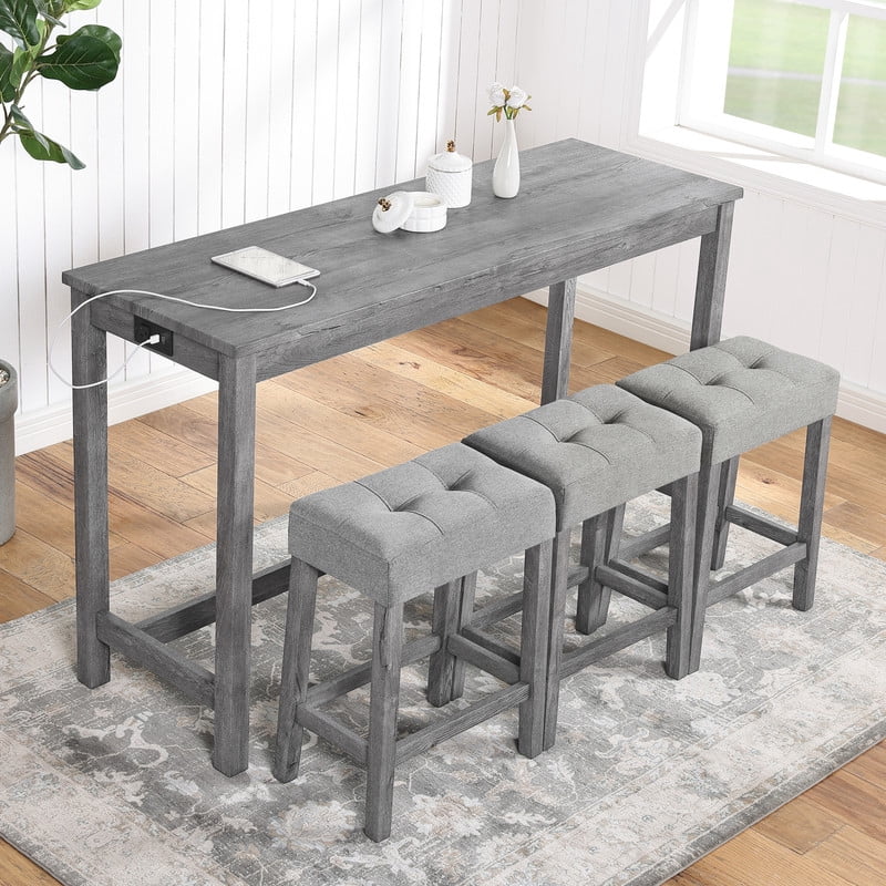 Bellemave Bar Table Set with Power Outlet, 4-Piece Kitchen Dining Table ...