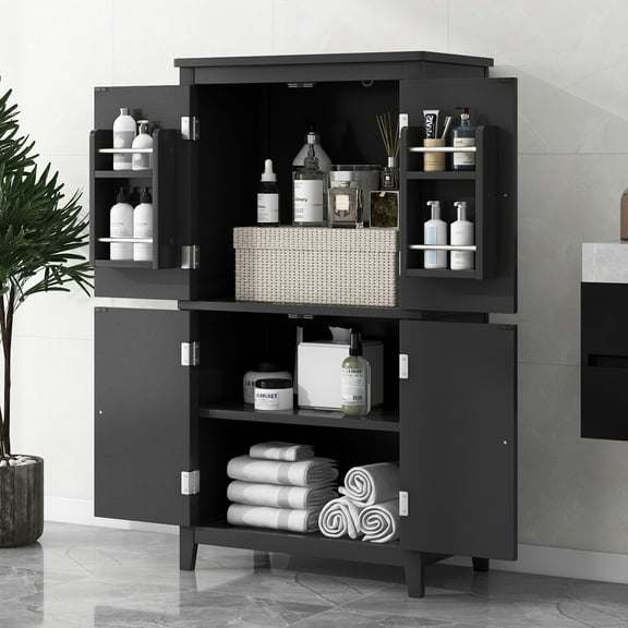 Bellemave Bathroom Floor Storage Cabinet with 4 Doors and Adjustable Shelf Freestanding Cabinet Multifunctional Small Storage Organizer for Living Room 23.6” x 11.8” x 43.3” (Black, 4 Doors)