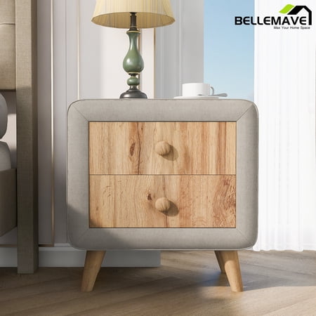 Bellemave Beige Linen Fabric Upholstered Wooden Nightstand with 2 Drawers, Chic 2-drawer Storage Bedside Table End Table for Bedroom Living Room