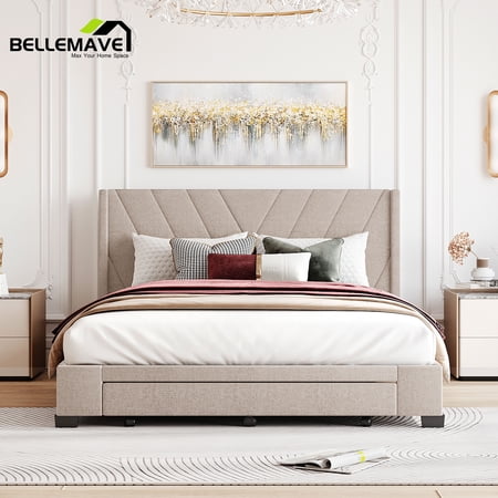 Bellemave Beige Linen Upholstery Queen Size Platform Bed with 3 Drawers for Adult Teen and Child, Wood Frame Queen Size Storage Platform Bed with Upholstered Headboard