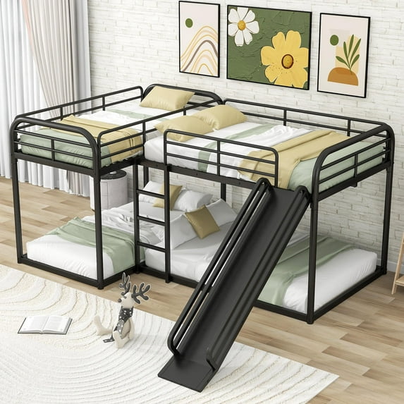 Bellemave Quad Bunk Beds with Slide, Metal Full and Twin Corner Bunk Beds for 4, Heavy-Duty L-Shape Floor Bunk Bed for Teens Bedroom(Black)