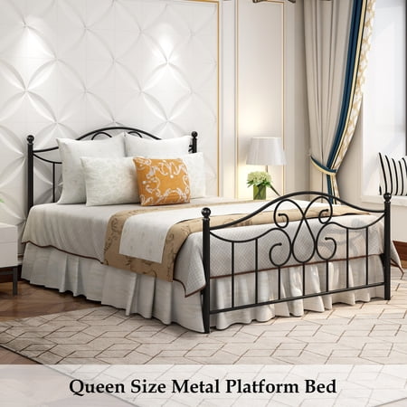Bellemave Black Queen Size Metal Bed Frame Queen Platform Bed Frame With Stylish Headboard and Footboard, Mattress Foundation with Under-bed Storage Metal Slats, No Box Spring Needed