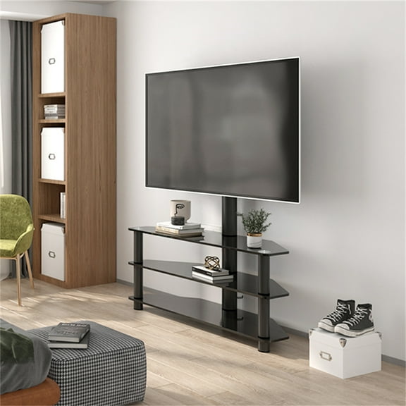 Bellemave Black Tempered Glass TV Stand, Height Adjustable Bracket Swivel 3-Tier Entertainment Center
