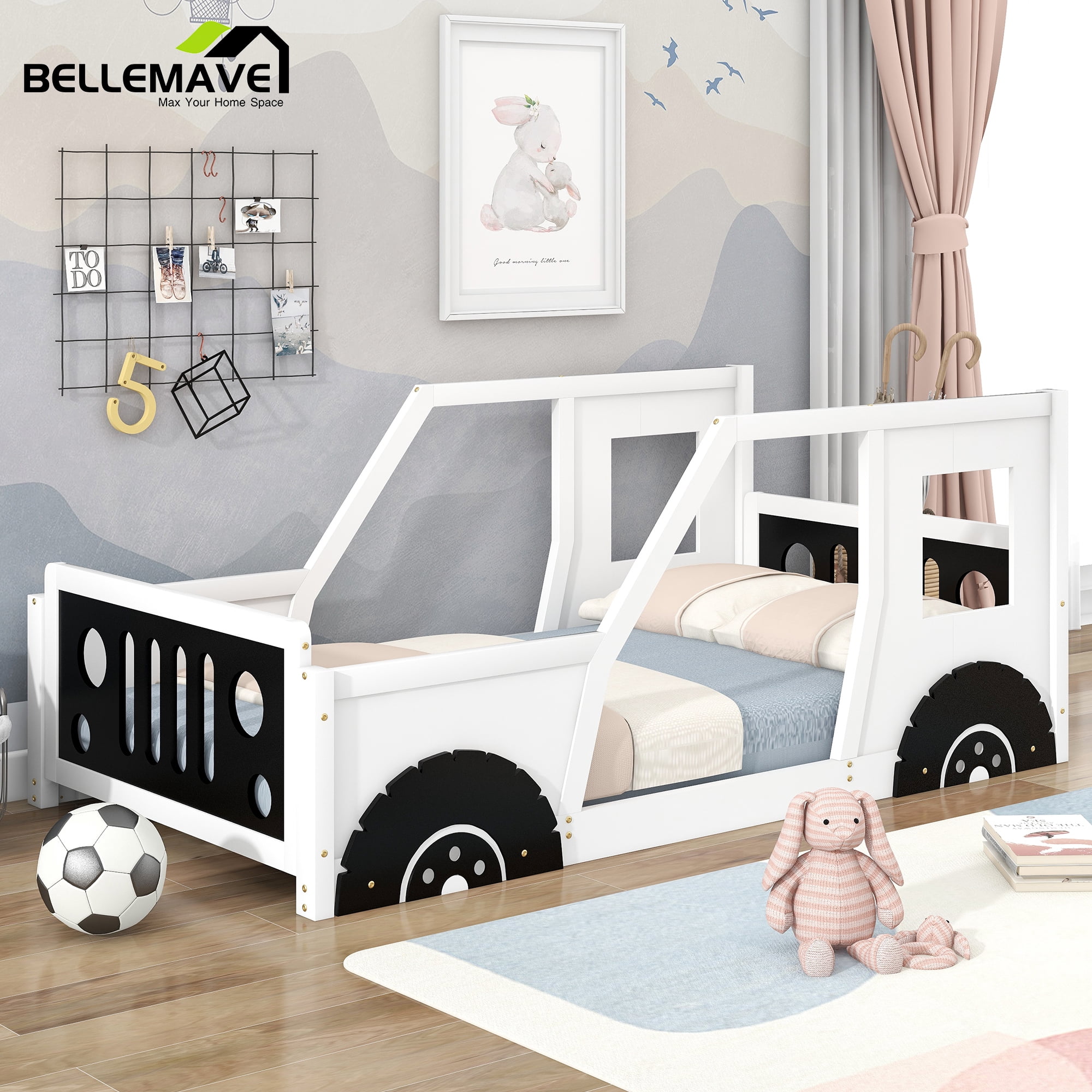 Bellemave Black Twin Size Car-shaped Platform Bed for Bedroom Living Room, Twin Size Wood Daybed with Car-shaped Appearance for Teen