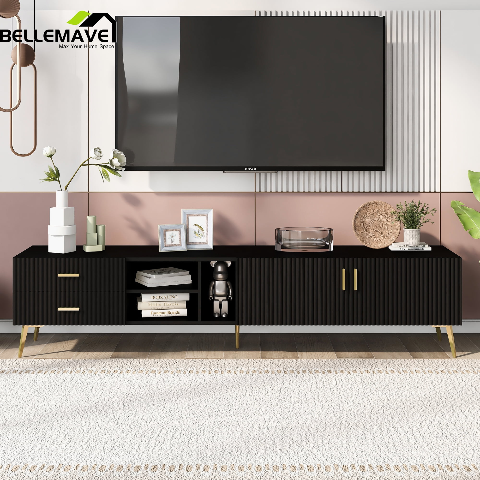 Bellemave Black Wood TV Stand with Drawers, Shelves and Cabinets, Chic ...