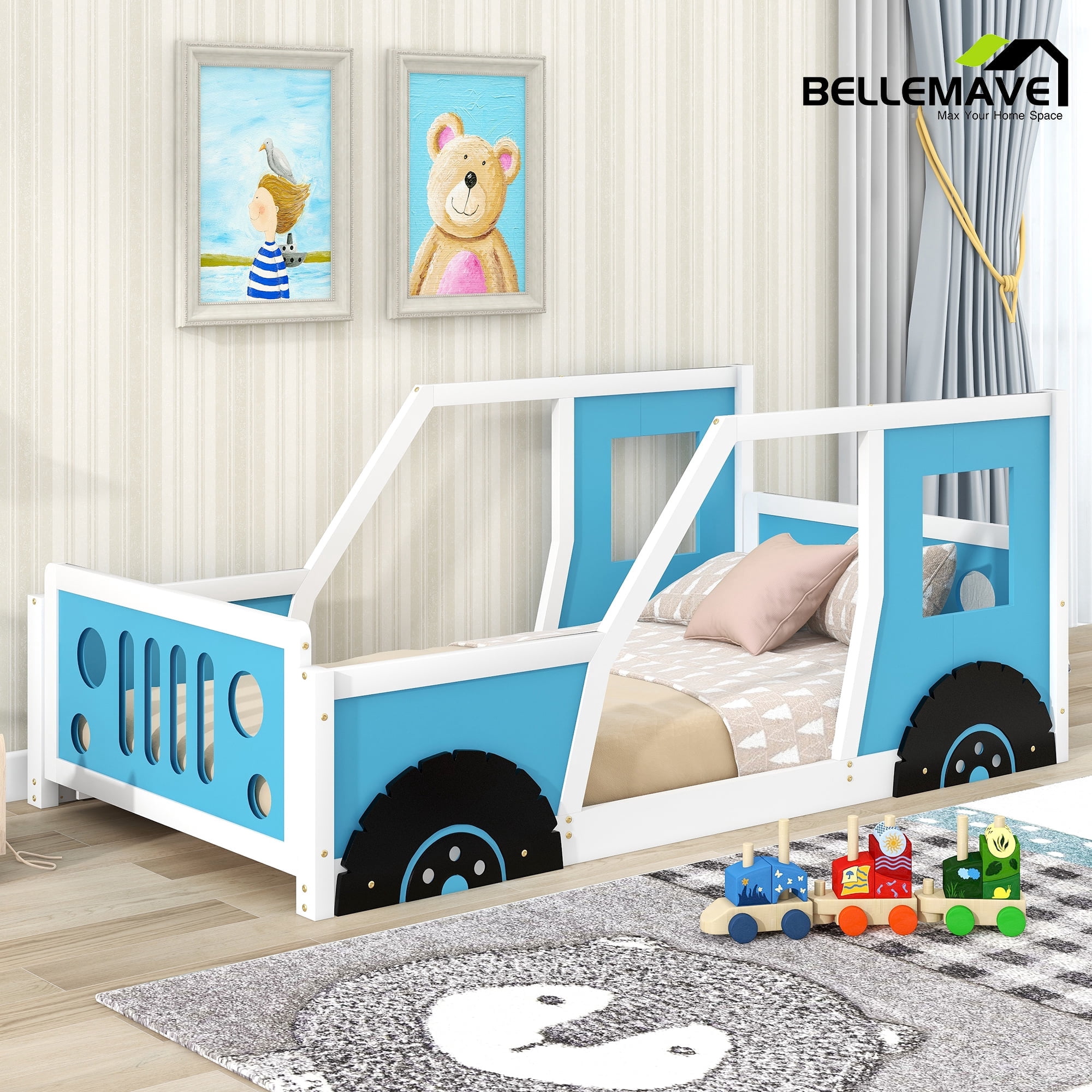 Bellemave Blue Twin Size Car-shaped Platform Bed for Bedroom Living Room, Twin Size Wood Daybed with Car-shaped Appearance for Bedroom