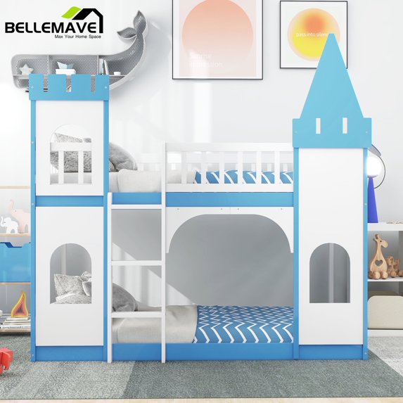 Bellemave Blue Twin over Twin Castle-shaped Bunk Bed with Ladder, Twin Size Wood Bunk Bed Frame with Castle Appearance