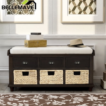 Bellemave Brown Storage Shoe Bench with 3 Drawers and 3 Rattan Baskets, Rustic Wood Shoe Bench for Living Room Entryway Hallway