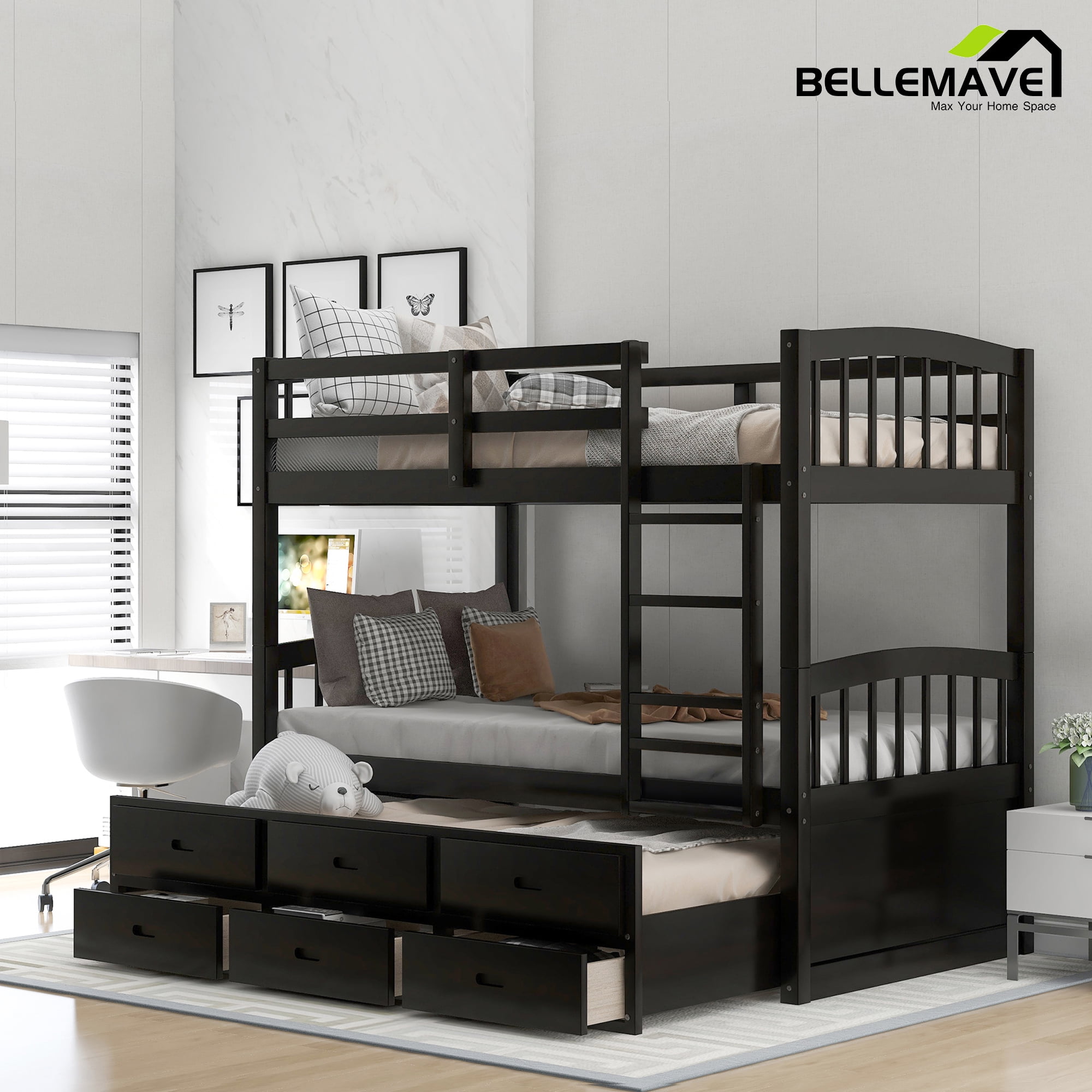 Bellemave Twin Bunk Bed with Trundle and 3 Drawers, Brown Wood Frame ...