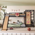 thumbnail image 1 of Bellemave Bunk Bed with Slide & Basketball Hoop, Full over Full Bunk Bed with Pull-up Rings and Climbing Wall, Metal Full Size Loft Bed with Bookcase and Play Space, Yellow, 1 of 9
