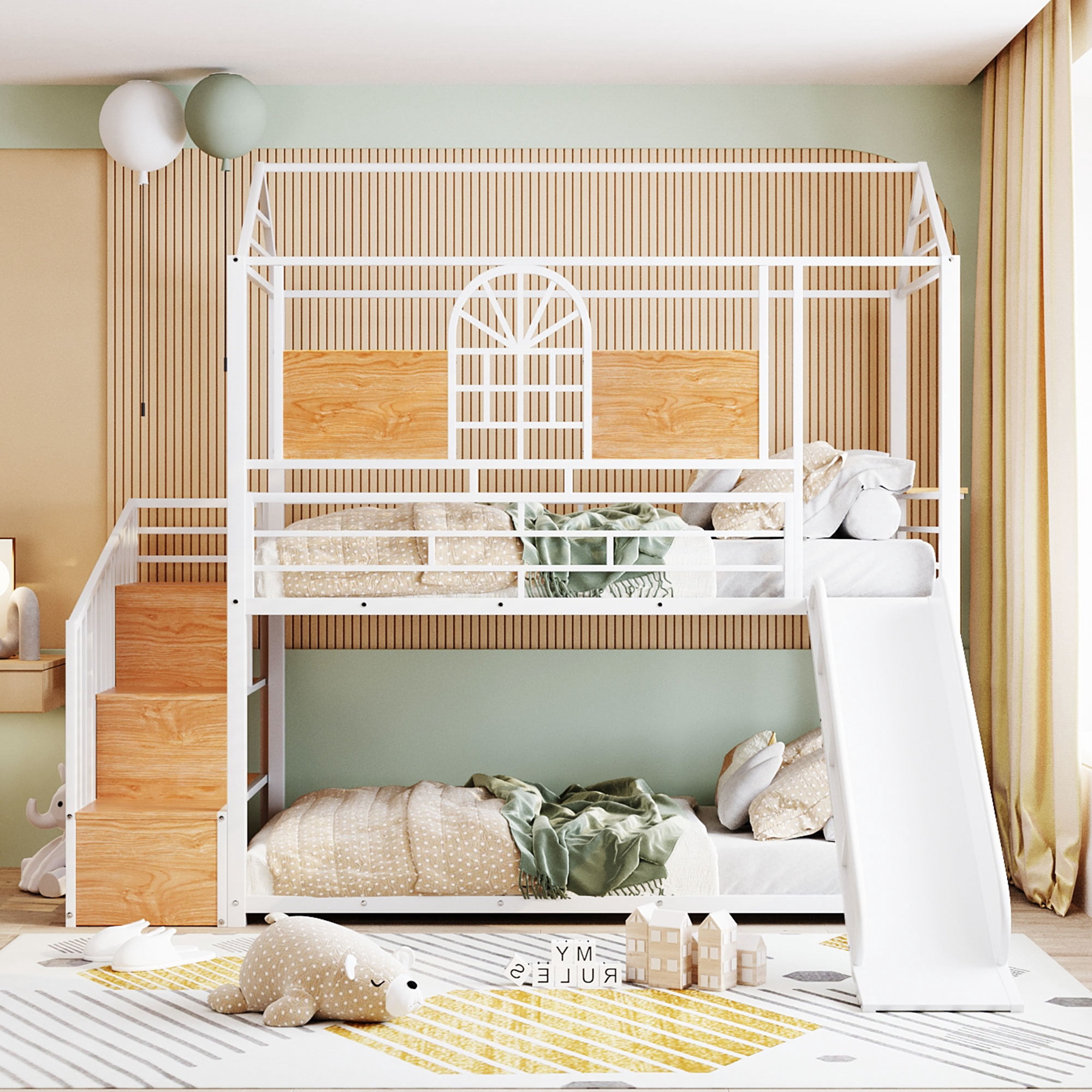 Bellemave Metal Twin Over Twin Bunk Bed with Slide and Stairs, House ...