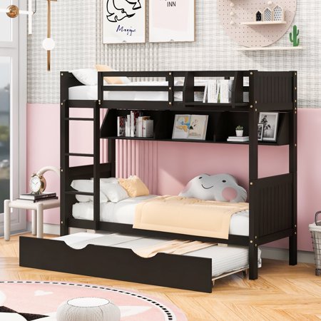 Bellemave Bunk Bed with Trundle and Built-in Bookshelf, Wood Twin-Over-Twin Bunk Beds Frame Can Be Convertible to 2 Beds, Twin Bunk Bed for Kids Teens Girls Boys(Espresso)