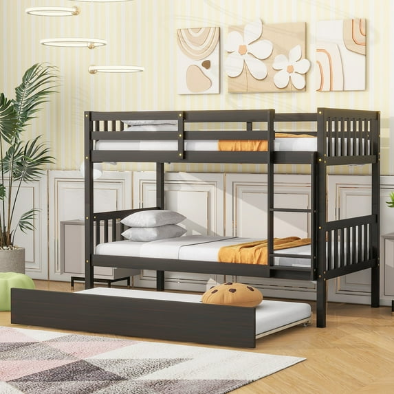 Bellemave Bunk Bed with Trundle, Twin Over Twin Bunk Bed Frame Can Convertible 2 Platform Bed, Wood Bunk Bed Built-in Ladder for Teens & Adults(Espresso)