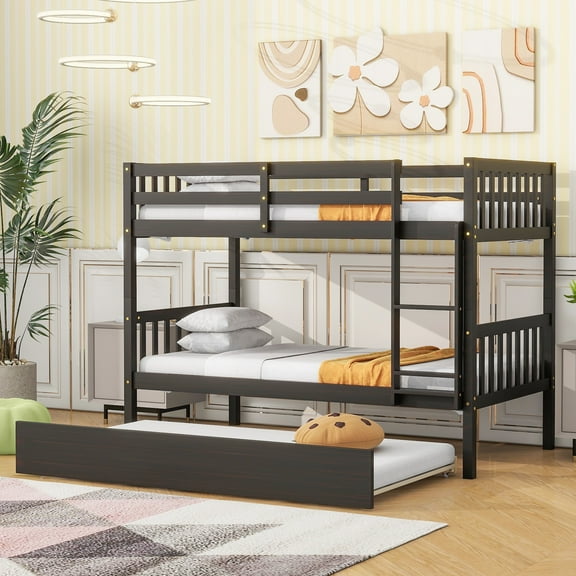 Bellemave Bunk Bed with Trundle, Twin Over Twin Bunk Bed Frame Can Convertible 2 Platform Bed, Wood Bunk Bed Built-in Ladder for Teens & Adults(Espresso)