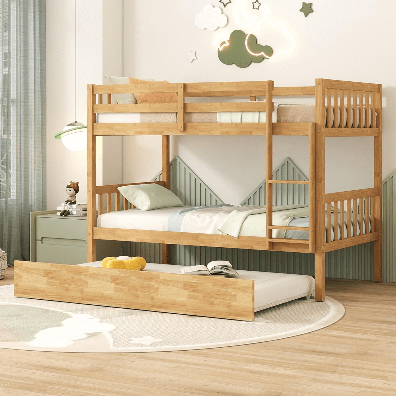 Bellemave Bunk Bed with Trundle, Twin Over Twin Bunk Bed Frame Can ...