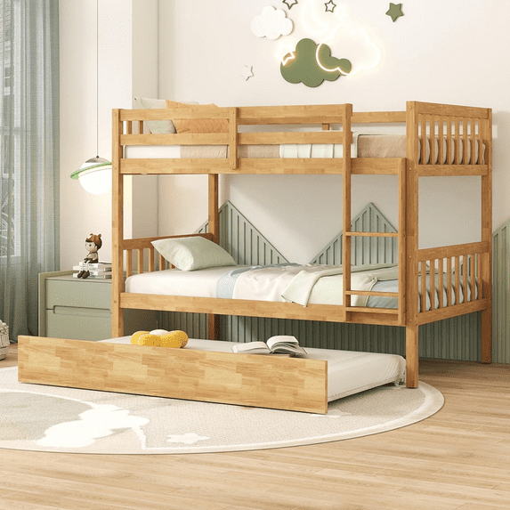 Bellemave Bunk Bed with Trundle, Twin Over Twin Bunk Bed Frame Can Convertible 2 Platform Bed, Wood Bunk Bed Built-in Ladder for Teens & Adults(Natural)