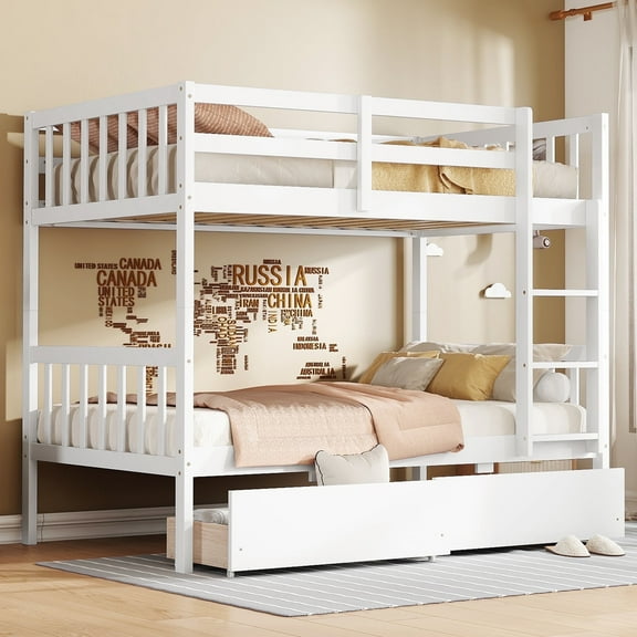 Bellemave Bunk Bed Twin Over Twin with Storage, Solid Wood Bunk Bed Frame with 2 Drawers, Twin Bunk Beds Built-in Ladder for Bedroom (White)