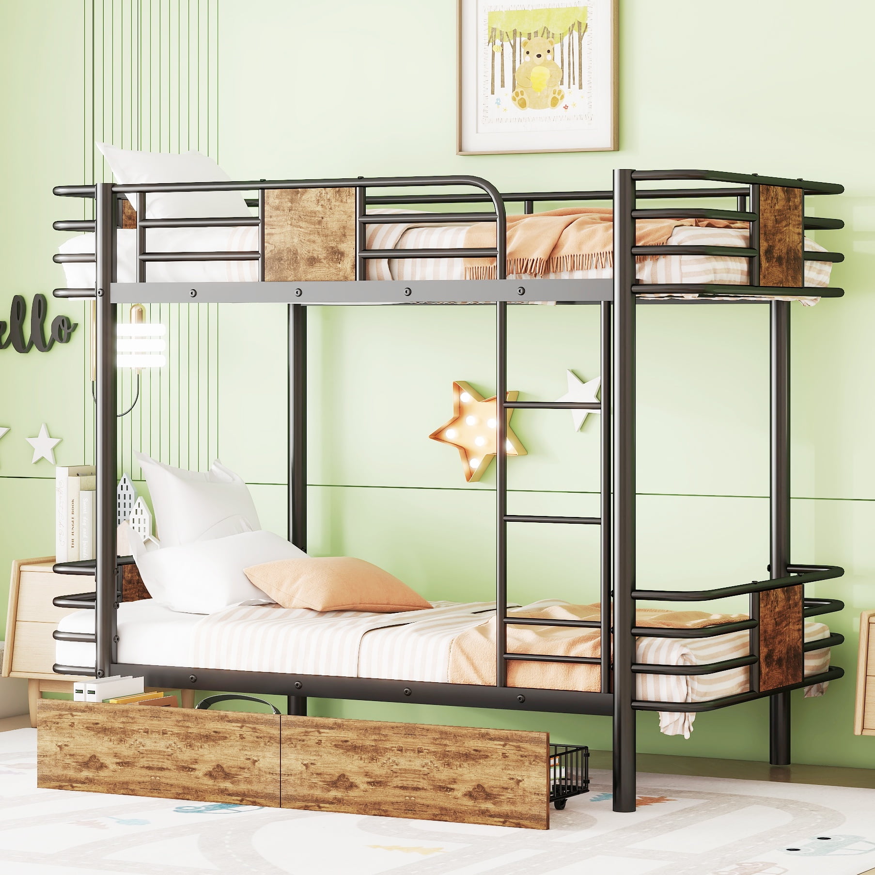 Bellemave Bunk Bed Twin XL Over Twin XL, Metal Bunk Bed with Storage ...