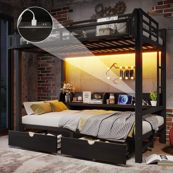 Bellemave Bunk Bed with storage and LED Lights, Twin over Twin Metal Bunk Bed with Pull-Out Folding Bed, Heavy Duty Bunk Bed Frame USB Ports and Shelves-Black
