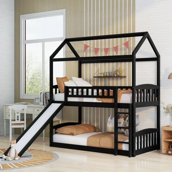 Bellemave Bunk Bed with Slide, Wood Twin Over Twin House Bed Frame with Ladder for Teens(Espresso)