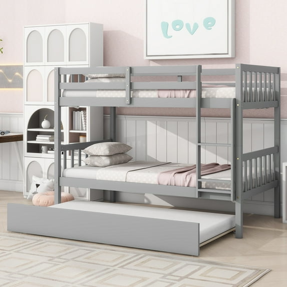 Bellemave Bunk Bed with Trundle, Twin Over Twin Bunk Bed Frame Can Convertible 2 Platform Bed, Wood Bunk Bed Built-in Ladder for Teens & Adults(Gray)