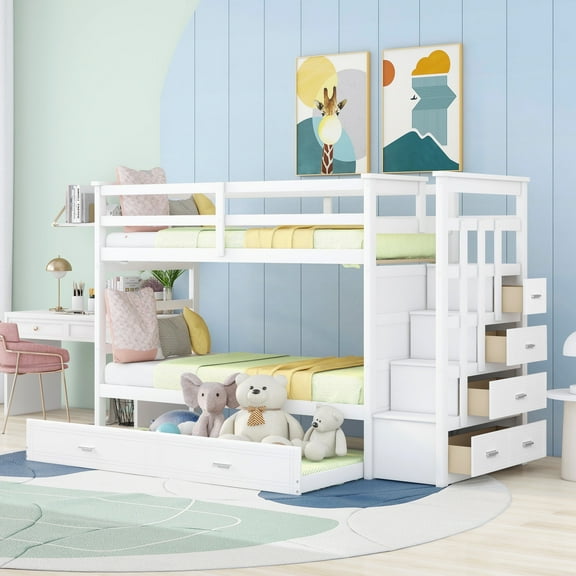 Bellemave Bunk Bed with Trundle and Stairs, Solid Wood Twin Over Twin Bunk Bed with 4 Storage Drawers for Teens Adults (White)