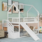 Bellemave Bunk Beds with Slide and Stairs, Wooden Twin Over Twin House Bunk Bed with Storage Staircase, Loft Bunk Bed Frame for Teen Adults (White)