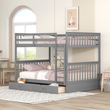 Bellemave Bunk Beds with Storage Drawers, Solid Wood Full Over Full Bunk Beds Frame with Ladders for Teens Adults (Gray)