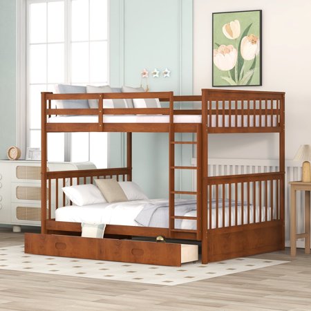Bellemave Bunk Beds with Storage Drawers, Solid Wood Full Over Full Bunk Beds Frame with Ladders for Teens Adults (Walnut)
