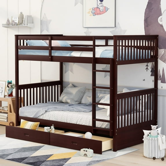 Bellemave Bunk Beds with Storage Drawers, Solid Wood Twin Over Twin Bunk Beds Frame with Ladders for Teens Adults (Espresso)