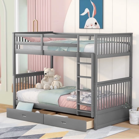 Bellemave Bunk Beds with Storage Drawers, Solid Wood Twin Over Twin Bunk Beds Frame with Ladders for Teens Adults (Gray)