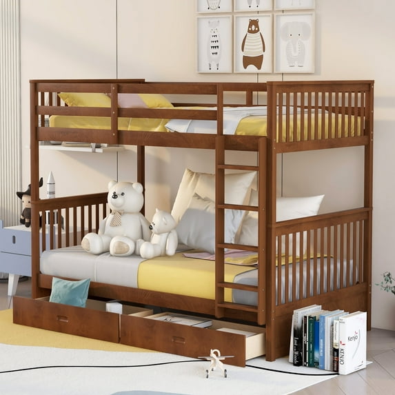 Bellemave Bunk Beds with Storage Drawers, Solid Wood Twin Over Twin Bunk Beds Frame with Ladders for Teens Adults (Walnut)