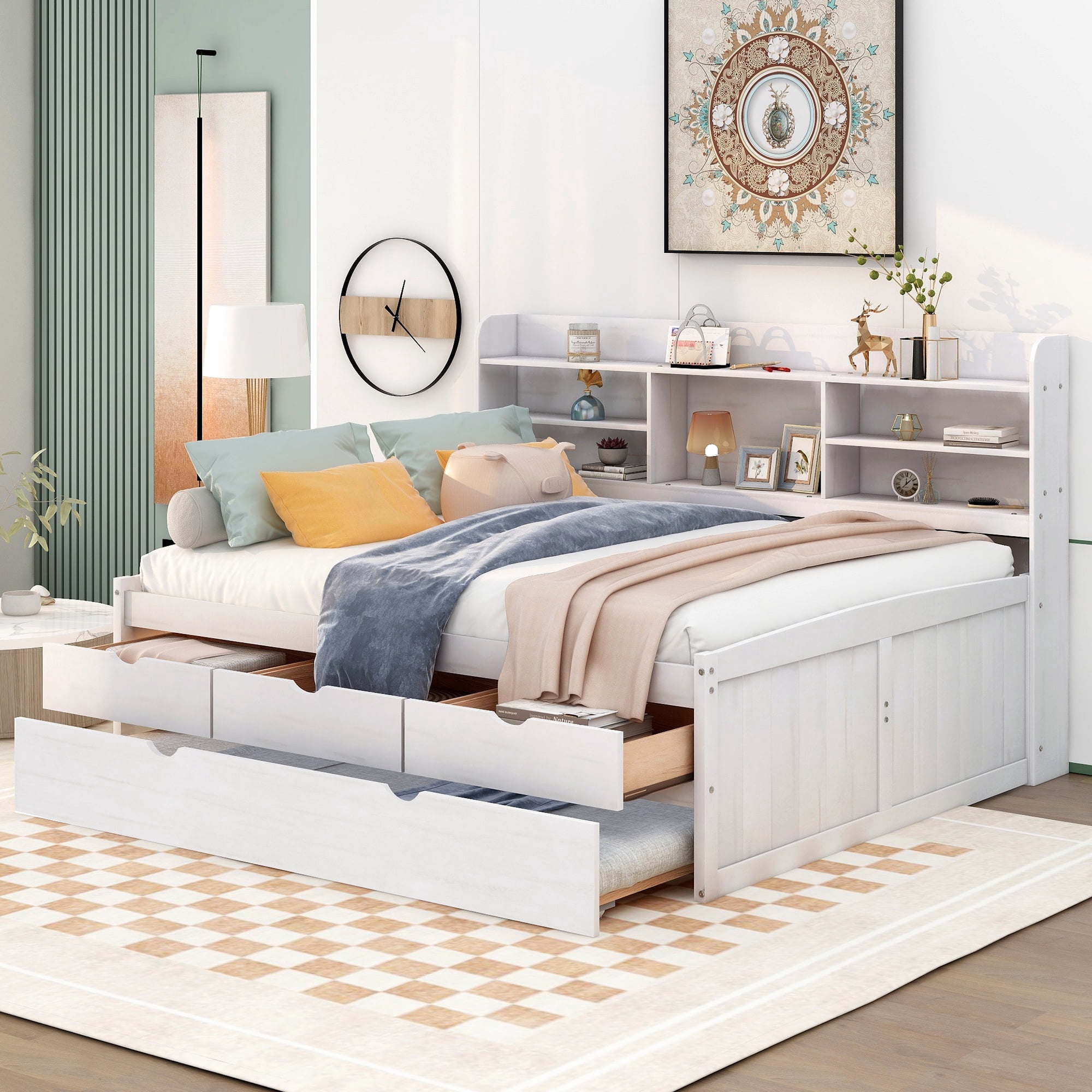 Bellemave Full Size Platform Bed with Bookcases and Drawers Full Storage Platform Daybed Frame with Shelves and Trundle for Teens, No Box Spring Needed, White Wash