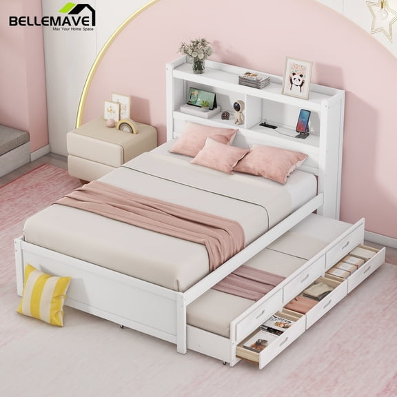 Bellemave Captain bed with Storage and Trundle Full Size Pine Wood Bookcase Bed, White