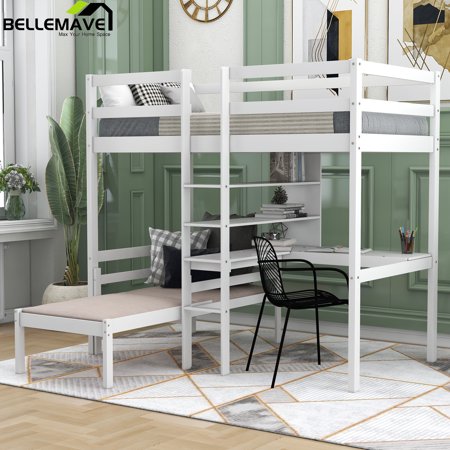 Bellemave Convertible Twin Loft Bed with L-Shape Desk,Twin Bunk Bed with Storage Shelves and Guardrail,Solid Wood Loft Bed Frame for Kids,Teens, Adults,White