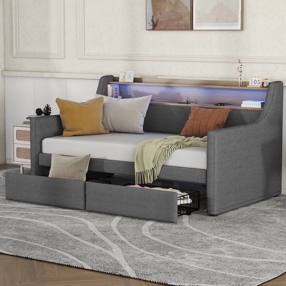 Bellemave Daybed with Drawers and LED Light, Twin Size Bed with Charging Station and Storage Headboard, Upholstered Sofa Beds Frame for Living Room, Bedroom, Guest Room（Gray）