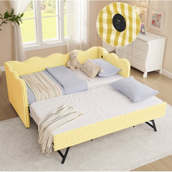 Bellemave Twin Size Daybed with Pop Up Trundle, Twin to King Daybed with USB Charging Port, Plaid Linen Upholstered +Wood Extendable Sofa Bed for Living Room/Bedroom/Guest Room,Yellow