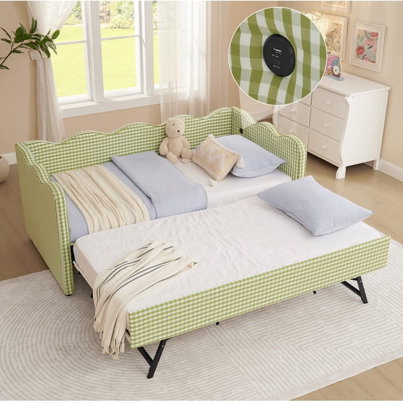 Bellemave Twin Size Daybed with Pop Up Trundle, Twin to King Daybed with USB Charging Port, Plaid Linen Upholstered +Wood Extendable Sofa Bed for Living Room/Bedroom/Guest Room,Green