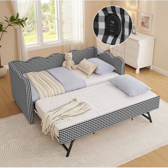 Bellemave Twin Size Daybed with Pop Up Trundle, Twin to King Daybed with USB Charging Port, Plaid Linen Upholstered +Wood Extendable Sofa Bed for Living Room/Bedroom/Guest Room, Black