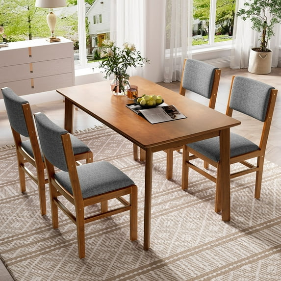 Bellemave Dining Table Set for 4, Solid Wood 5-Piece Farmhouse Kitchen Table Set, 4 Upholstered Chairs and 1 Rectangle Table for Kitchen, Dining Room (Brown+Gray)